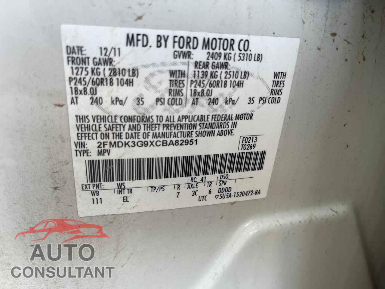 FORD EDGE 2012 - 2FMDK3G9XCBA82951