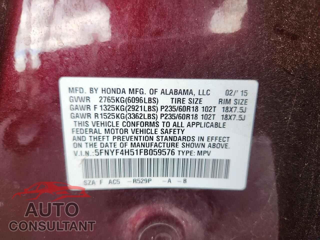 HONDA PILOT 2015 - 5FNYF4H51FB059576