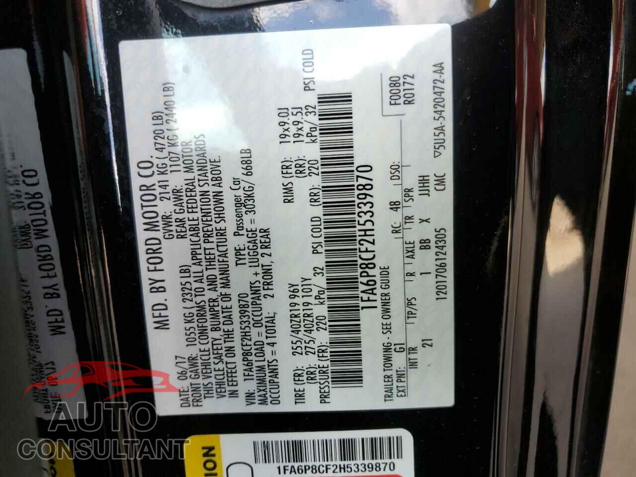 FORD MUSTANG 2017 - 1FA6P8CF2H5339870