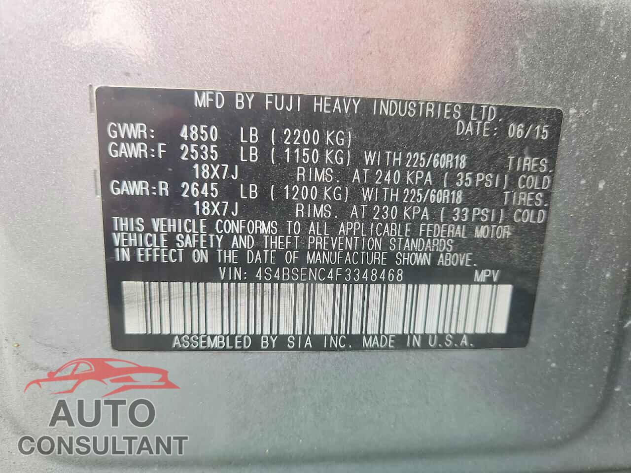 SUBARU OUTBACK 2015 - 4S4BSENC4F3348468
