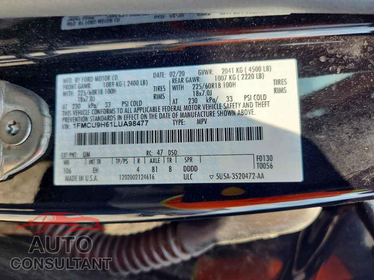 FORD ESCAPE 2020 - 1FMCU9H61LUA98477