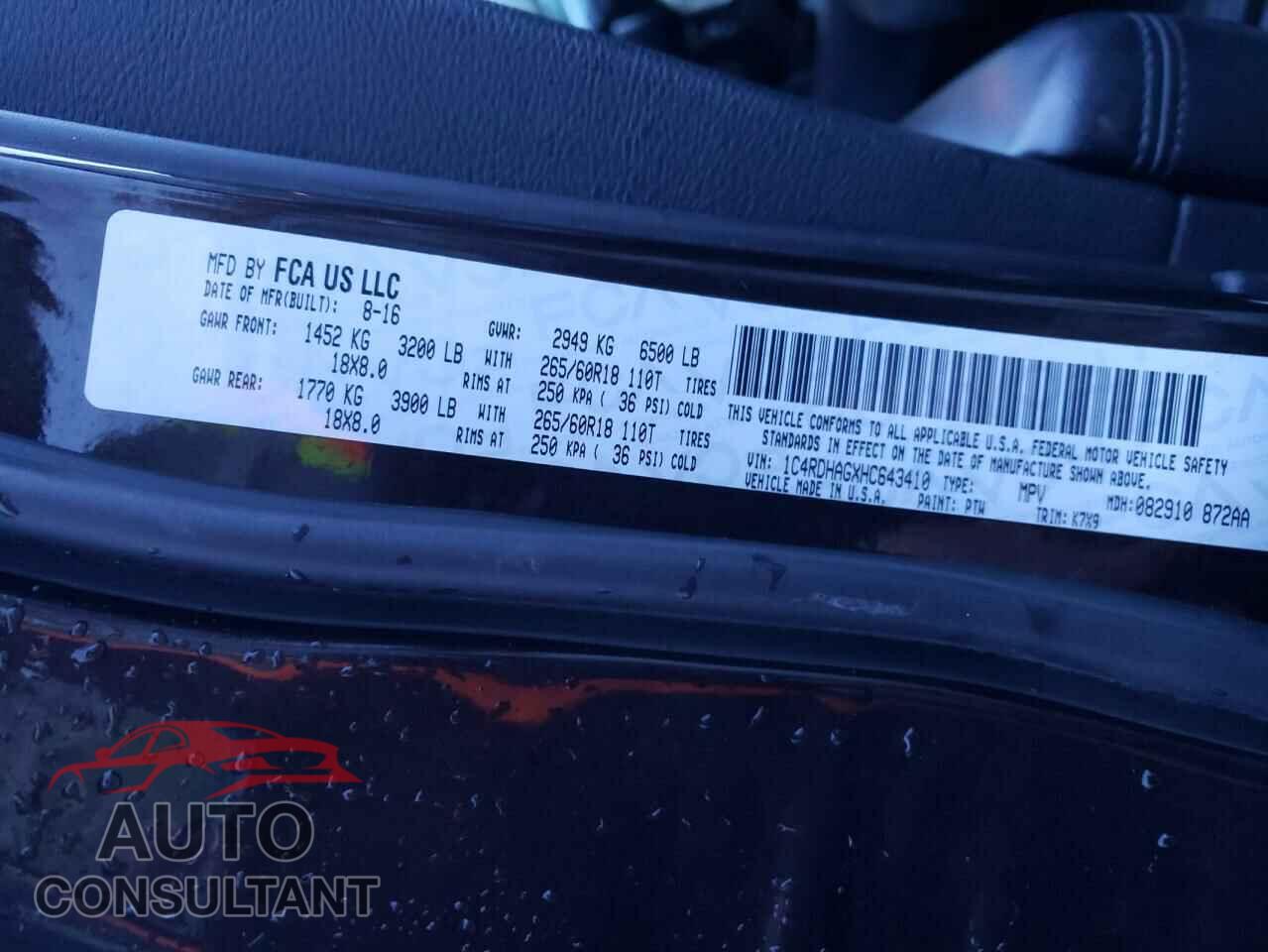 DODGE DURANGO 2017 - 1C4RDHAGXHC643410