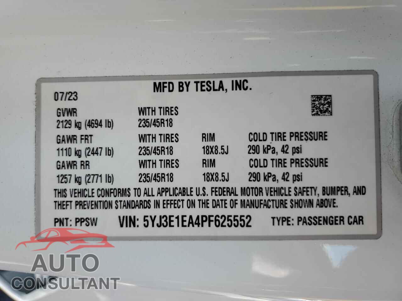 TESLA MODEL 3 2023 - 5YJ3E1EA4PF625552