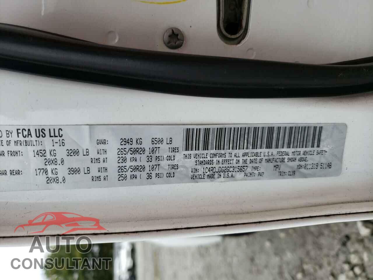 DODGE DURANGO 2016 - 1C4RDJDG2GC315657