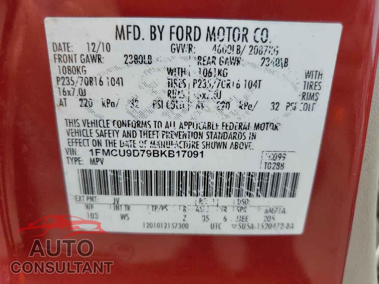 FORD ESCAPE 2011 - 1FMCU9D79BKB17091