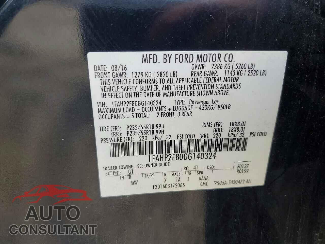 FORD TAURUS 2016 - 1FAHP2E80GG140324