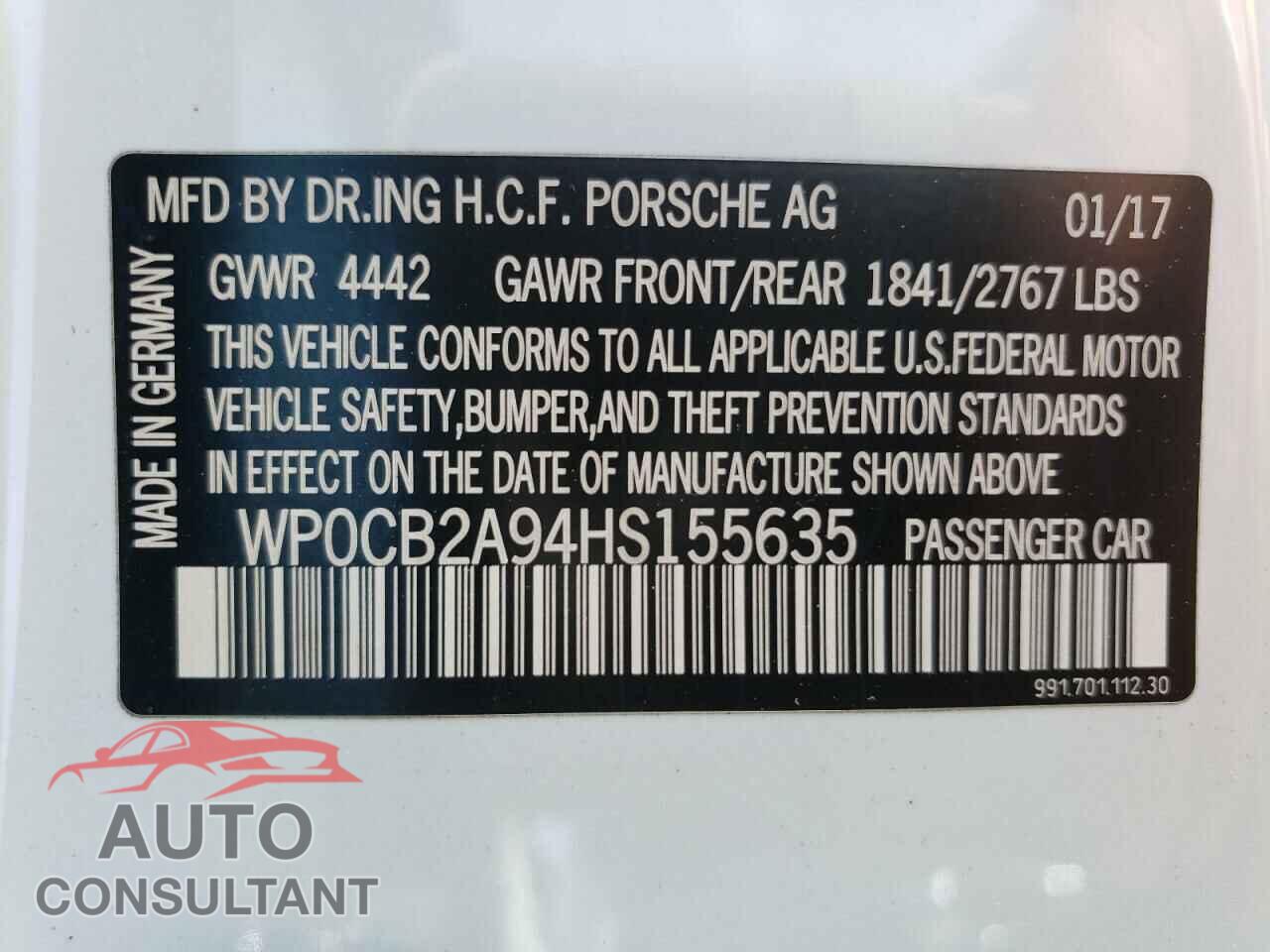 PORSCHE 911 2017 - WP0CB2A94HS155635