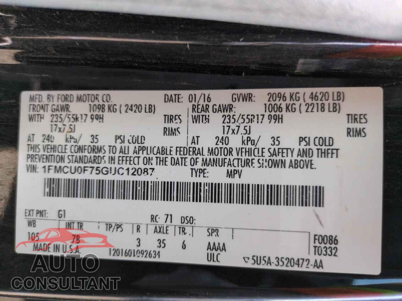 FORD ESCAPE 2016 - 1FMCU0F75GUC12087