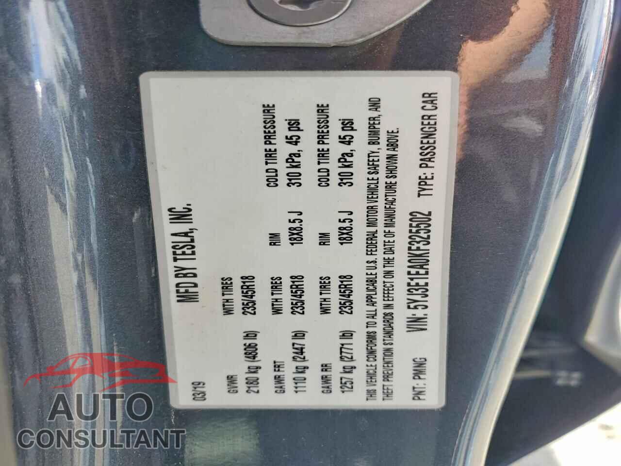 TESLA MODEL 3 2019 - 5YJ3E1EA0KF325502