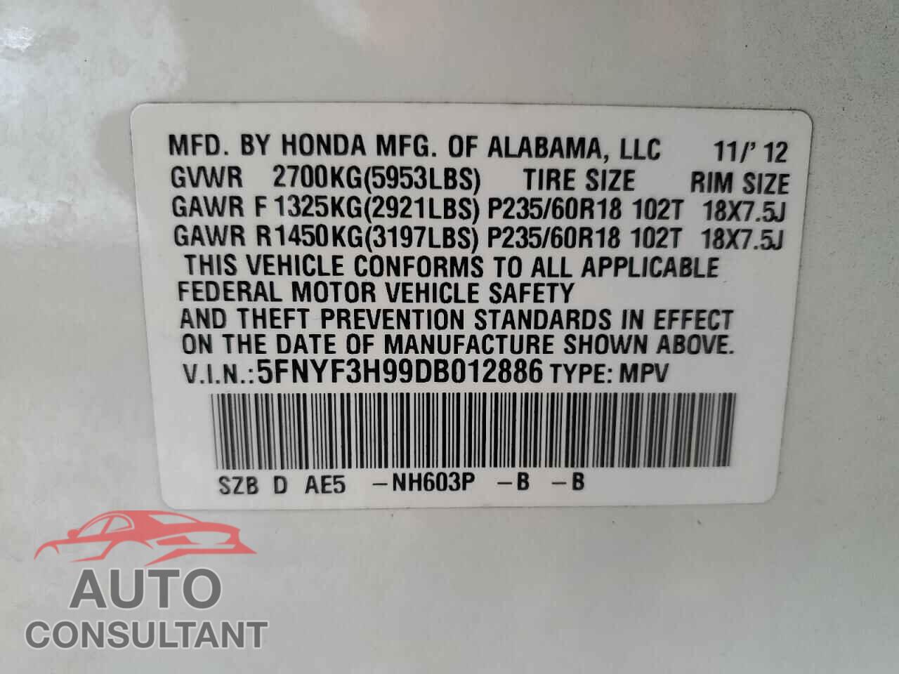 HONDA PILOT 2013 - 5FNYF3H99DB012886