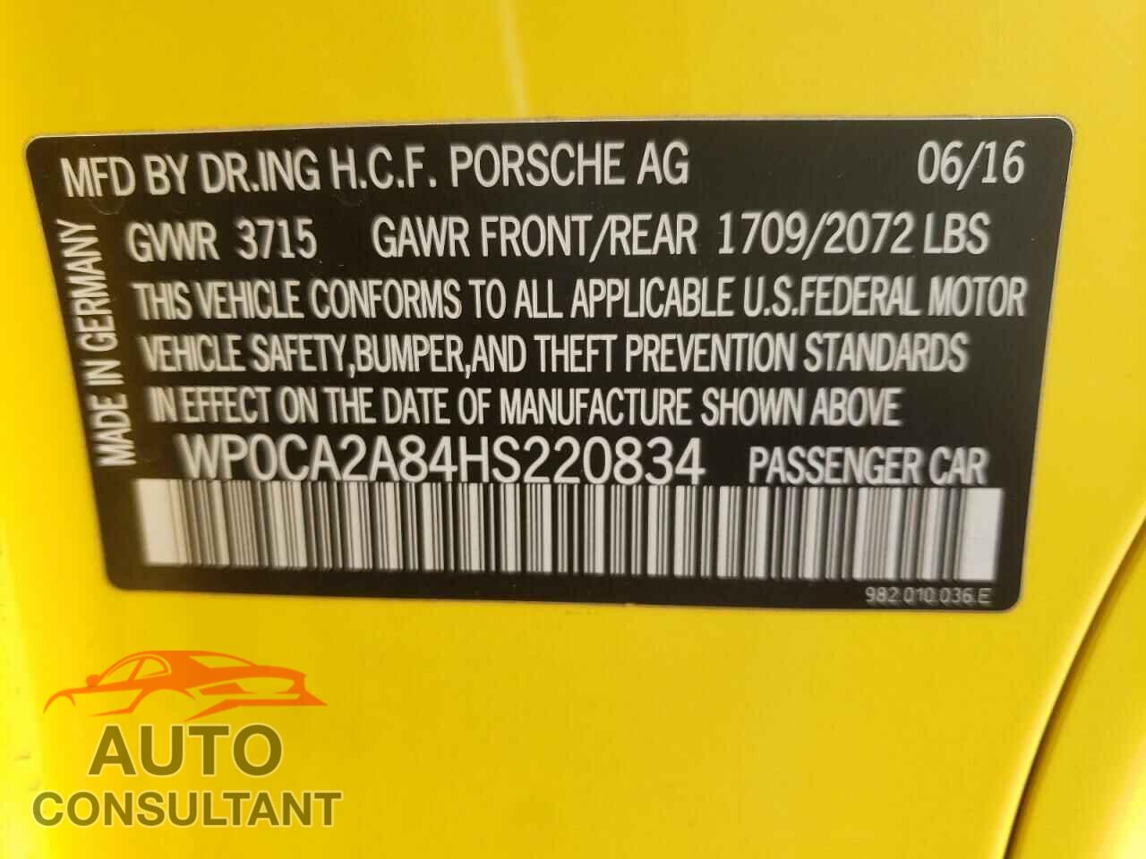 PORSCHE BOXSTER 2017 - WP0CA2A84HS220834