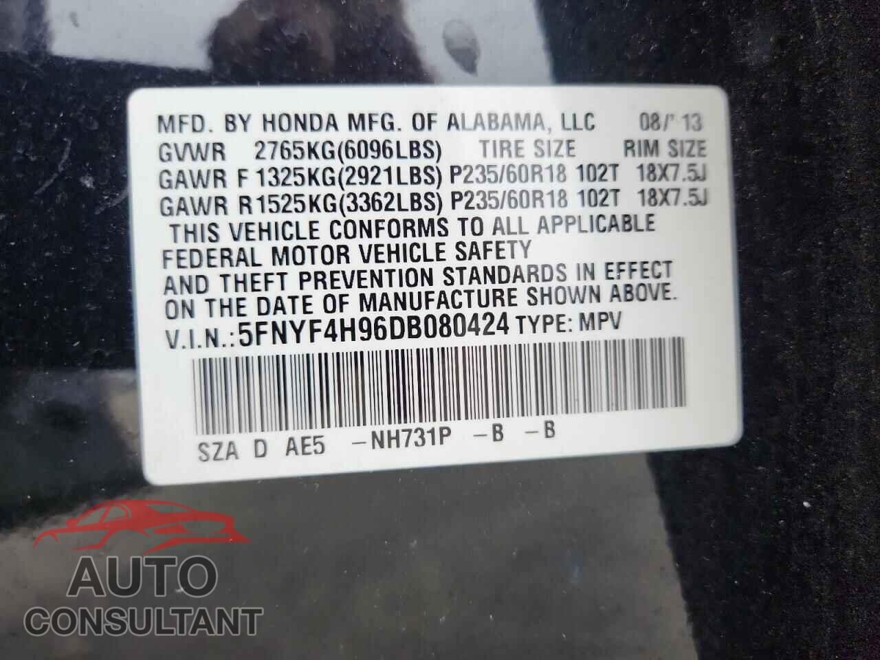 HONDA PILOT 2013 - 5FNYF4H96DB080424