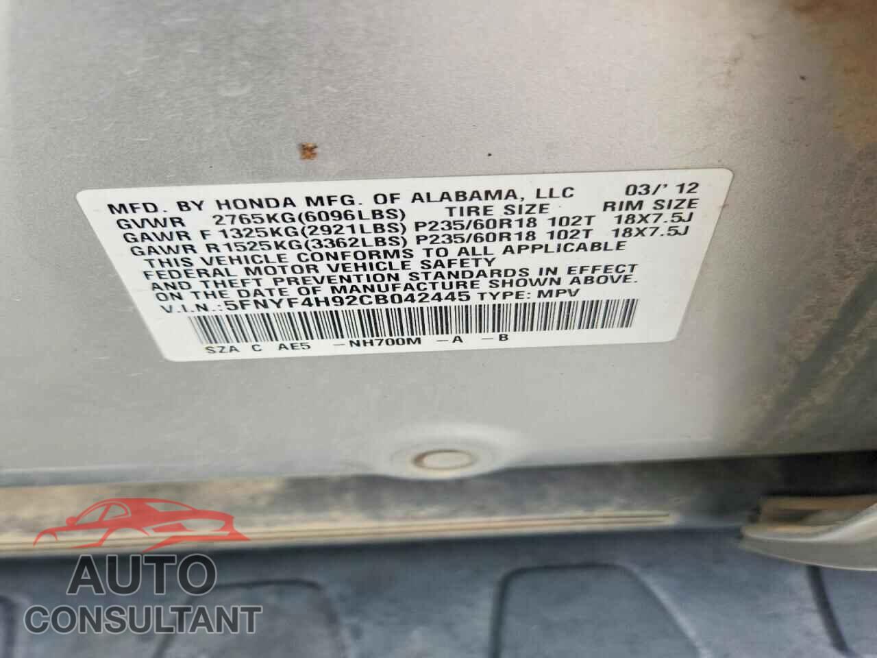 HONDA PILOT 2012 - 5FNYF4H92CB042445