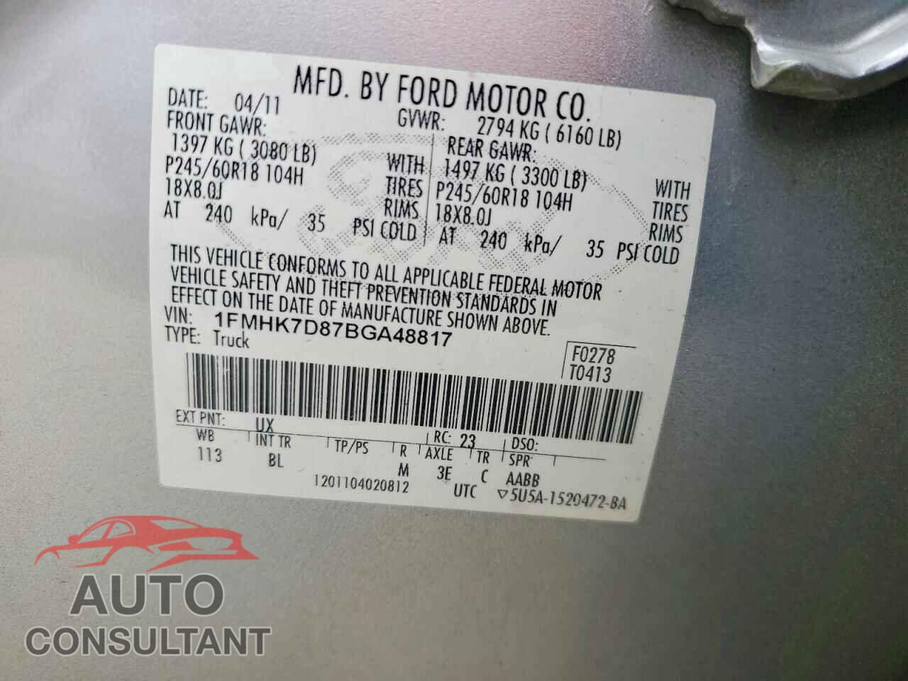 FORD EXPLORER 2011 - 1FMHK7D87BGA48817