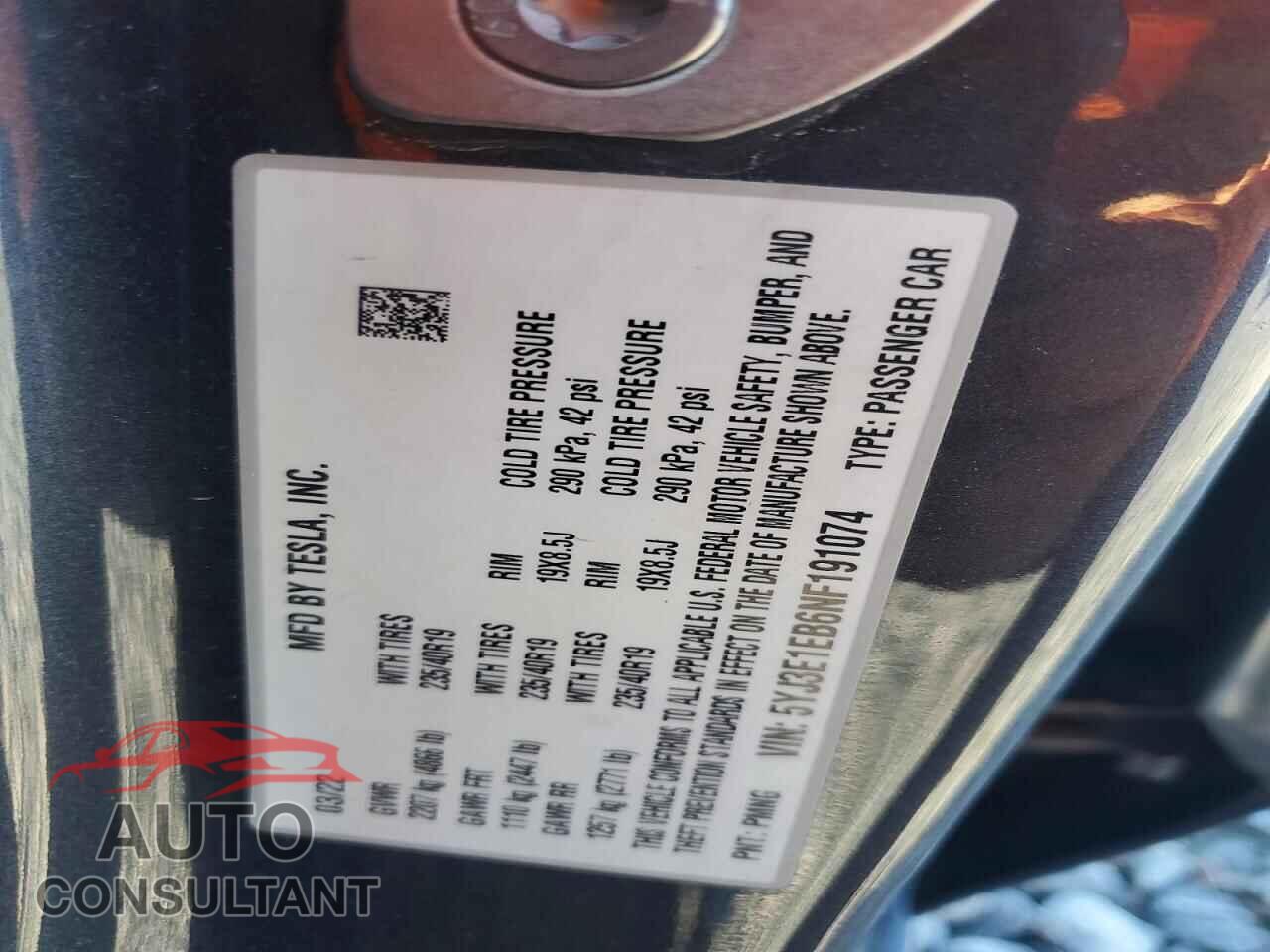 TESLA MODEL 3 2022 - 5YJ3E1EB6NF191074