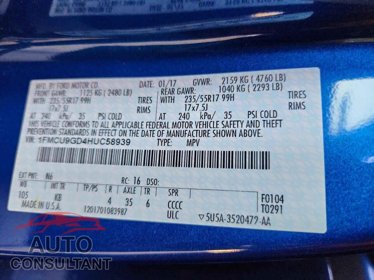 FORD ESCAPE 2017 - 1FMCU9GD4HUC58939