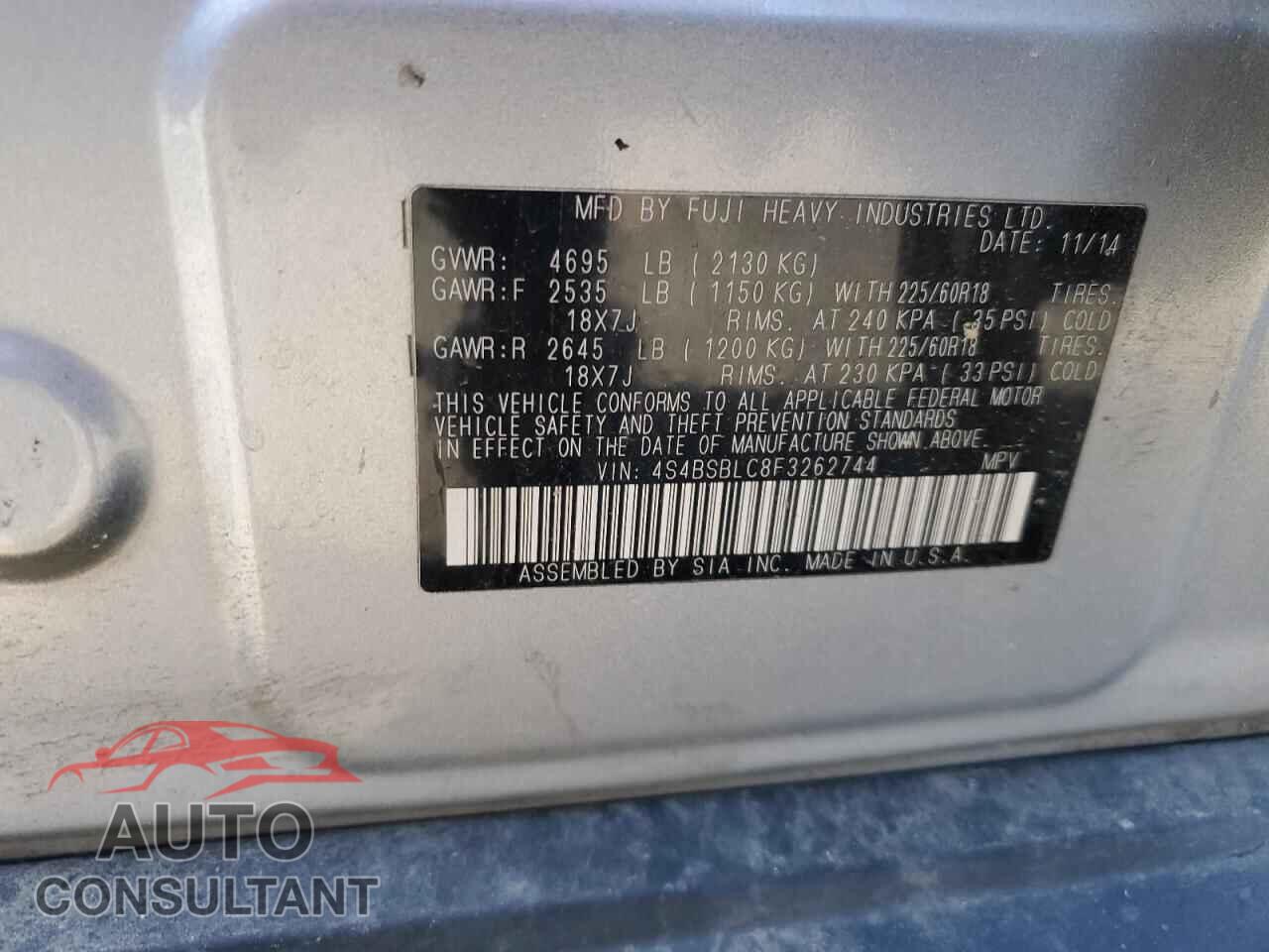 SUBARU OUTBACK 2015 - 4S4BSBLC8F3262744