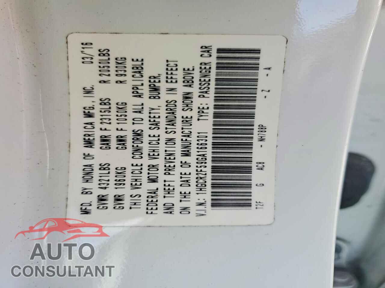 HONDA ACCORD 2016 - 1HGCR2F59GA166301