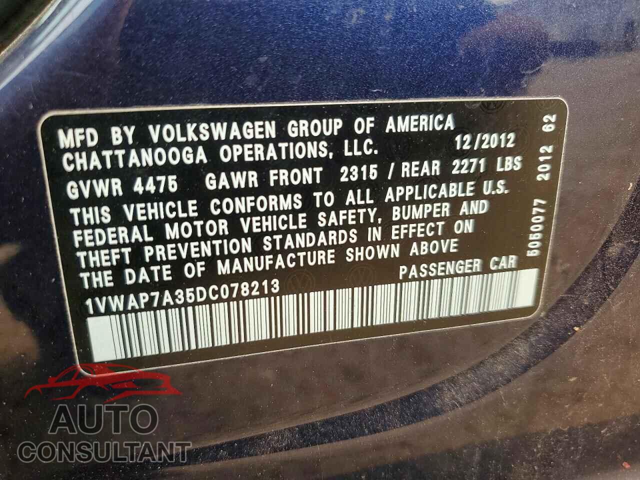 VOLKSWAGEN PASSAT 2013 - 1VWAP7A35DC078213