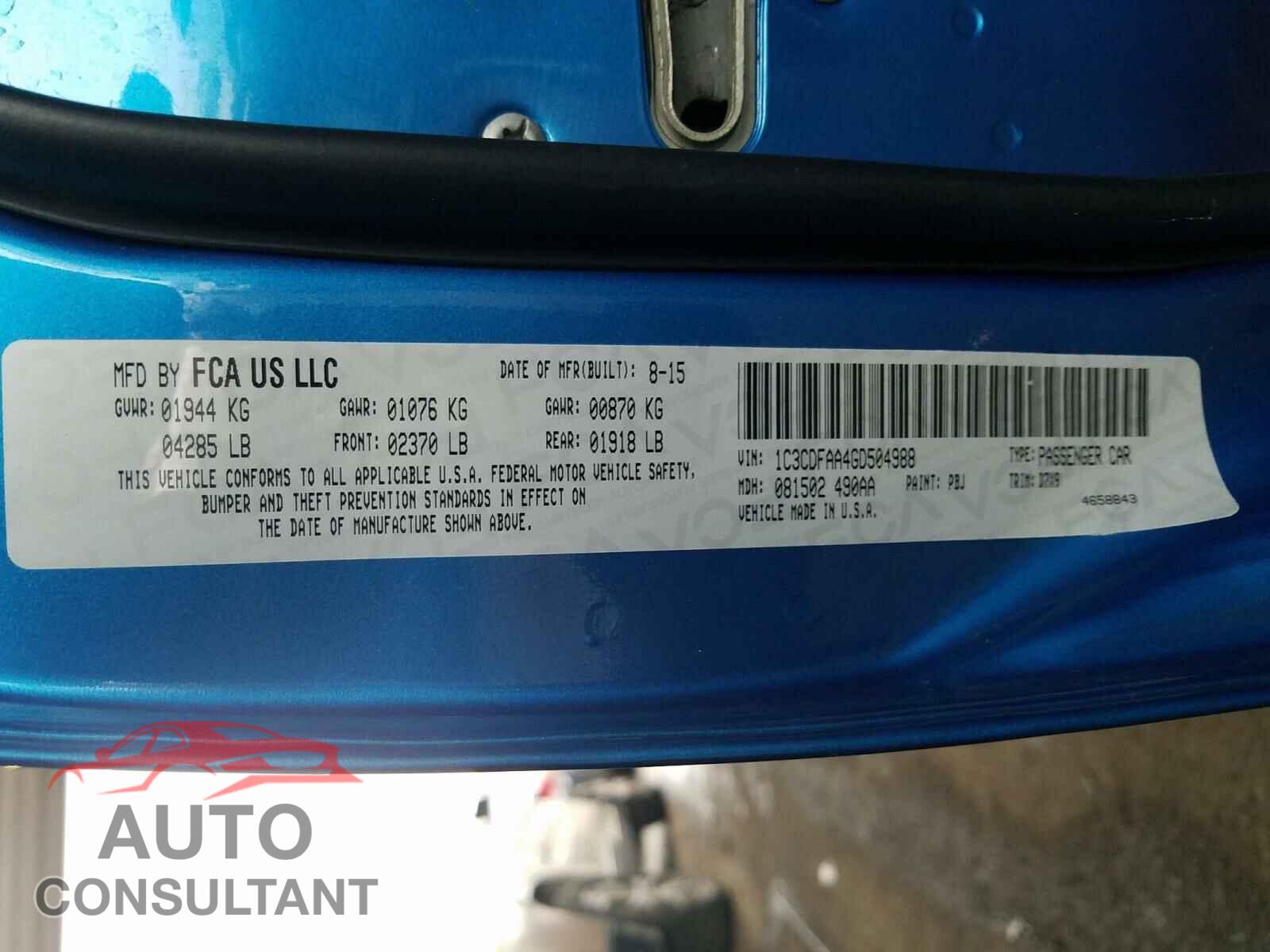 DODGE DART 2016 - 1C3CDFAA4GD504988