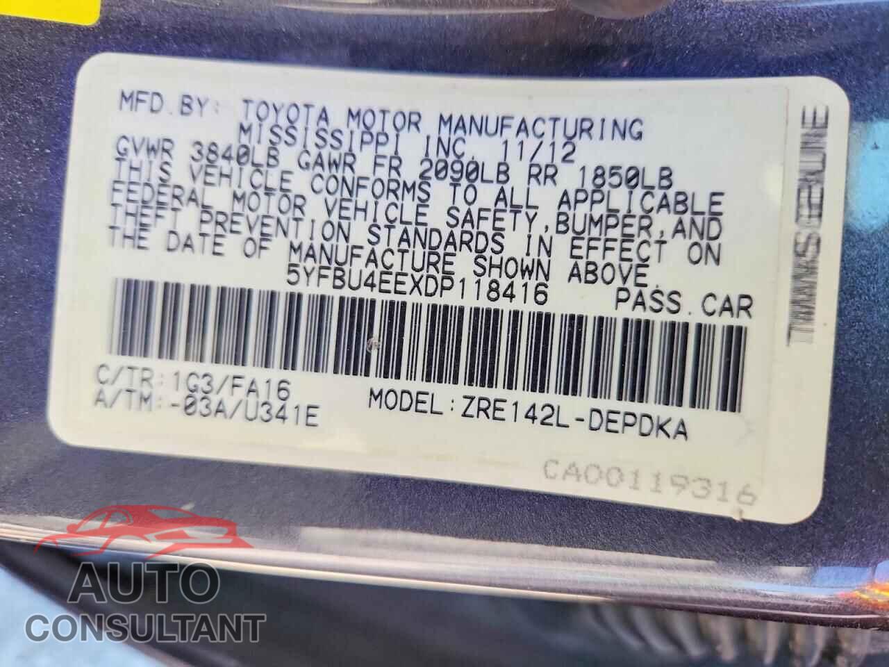 TOYOTA COROLLA 2013 - 5YFBU4EEXDP118416