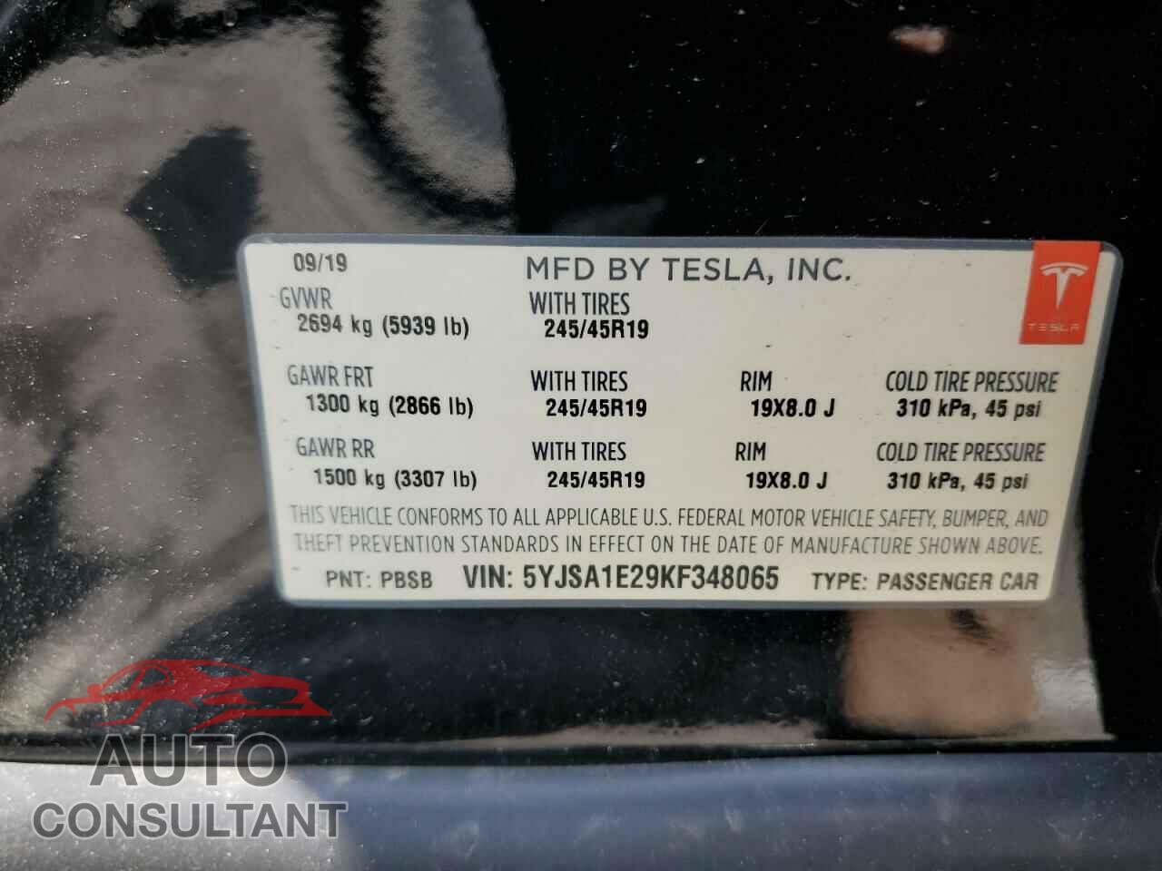 TESLA MODEL S 2019 - 5YJSA1E29KF348065