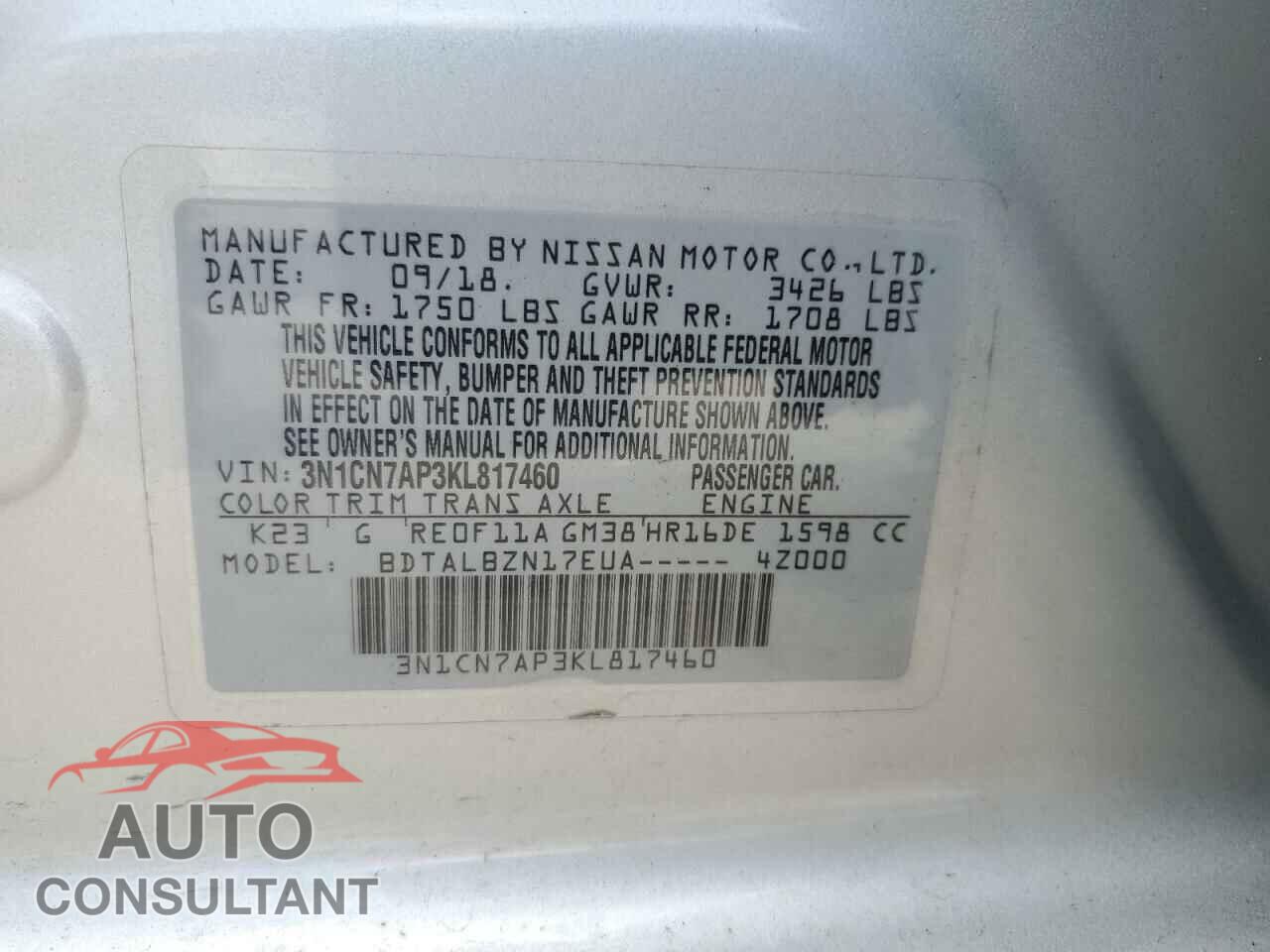 NISSAN VERSA 2019 - 3N1CN7AP3KL817460