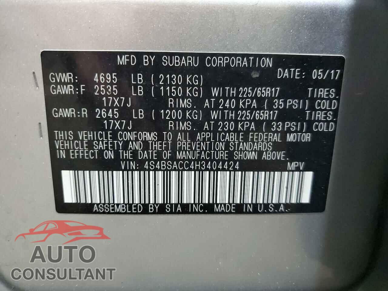 SUBARU OUTBACK 2017 - 4S4BSACC4H3404424