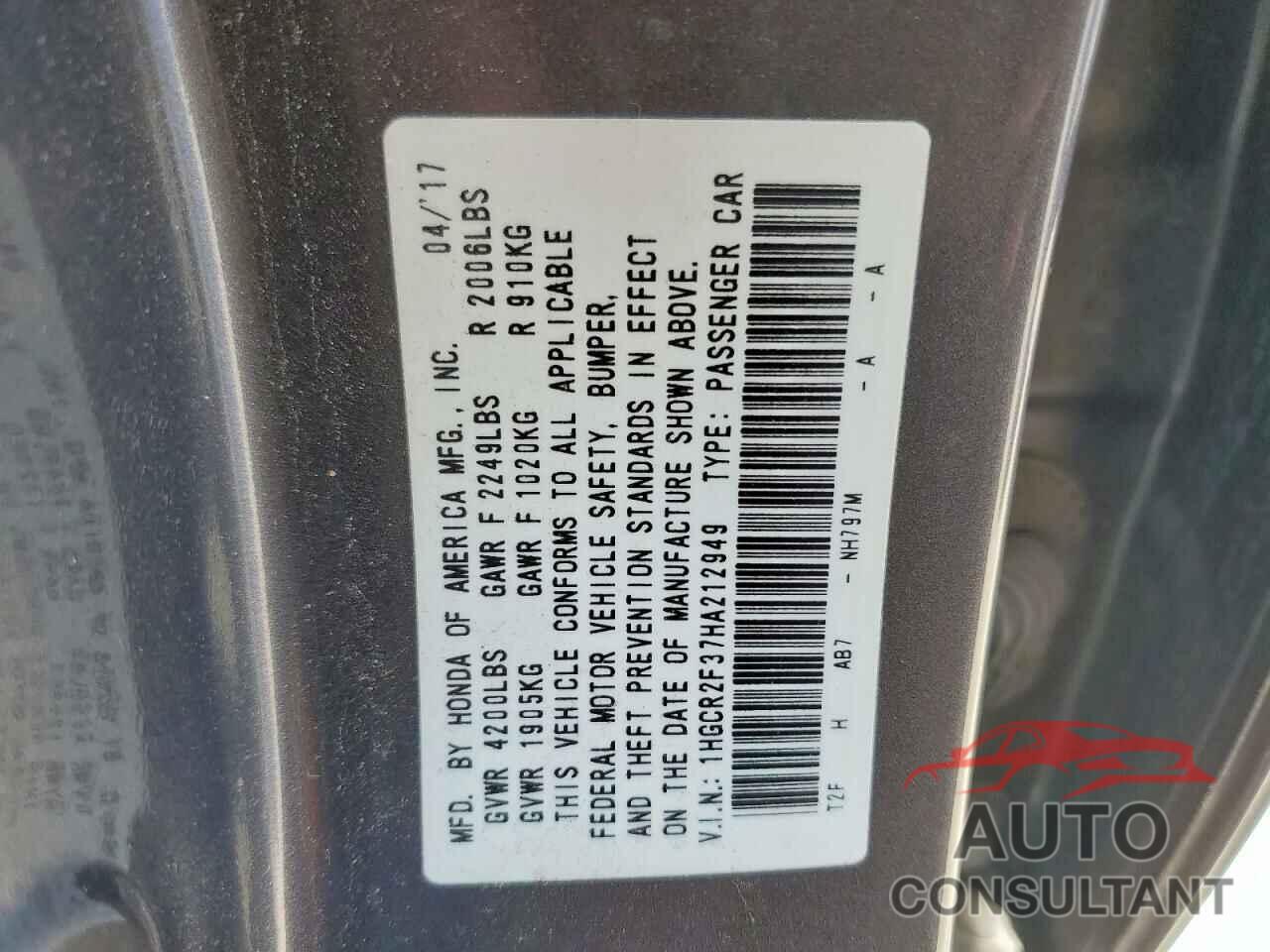 HONDA ACCORD 2017 - 1HGCR2F37HA212949