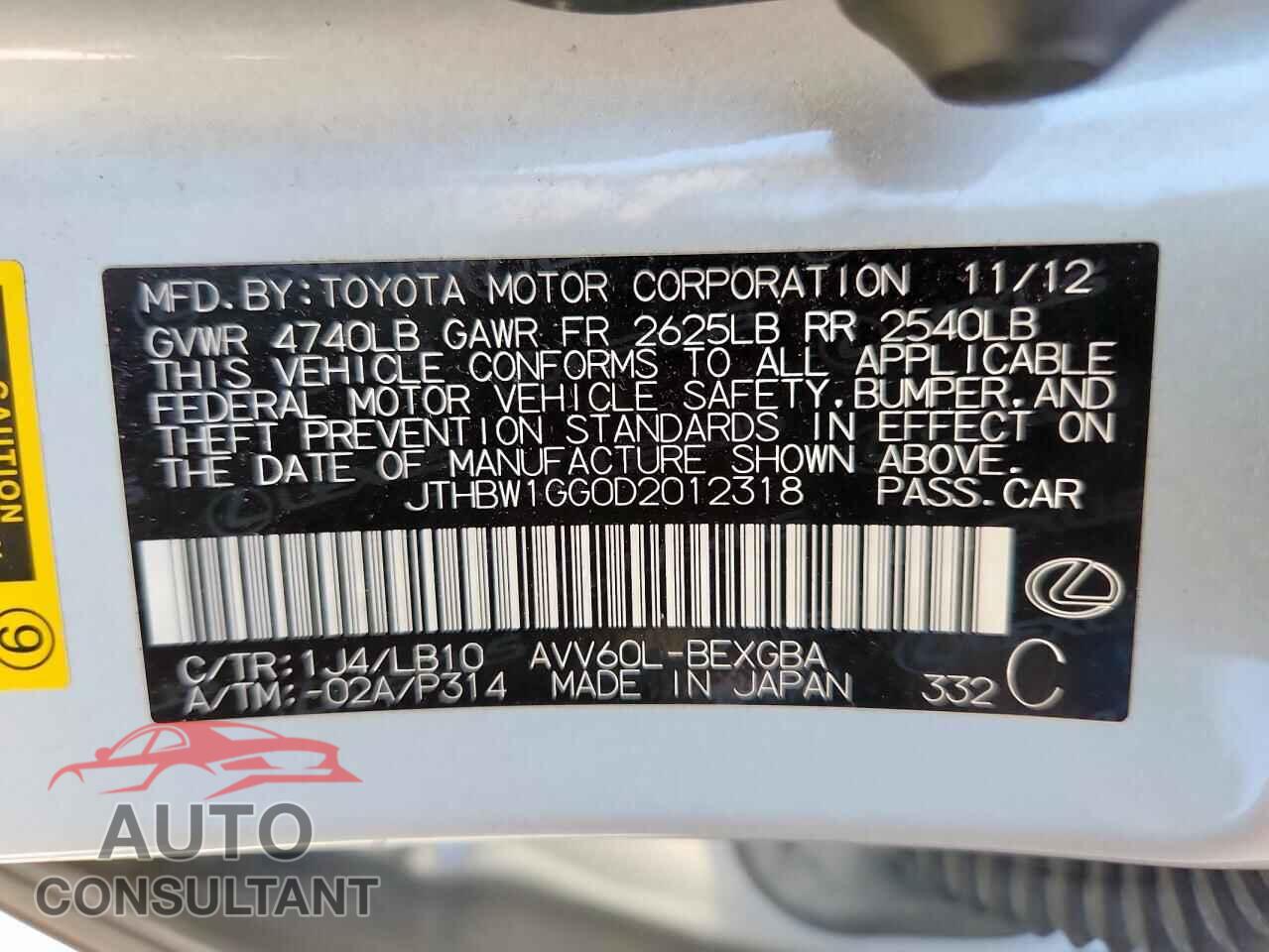 LEXUS ES300 2013 - JTHBW1GG0D2012318