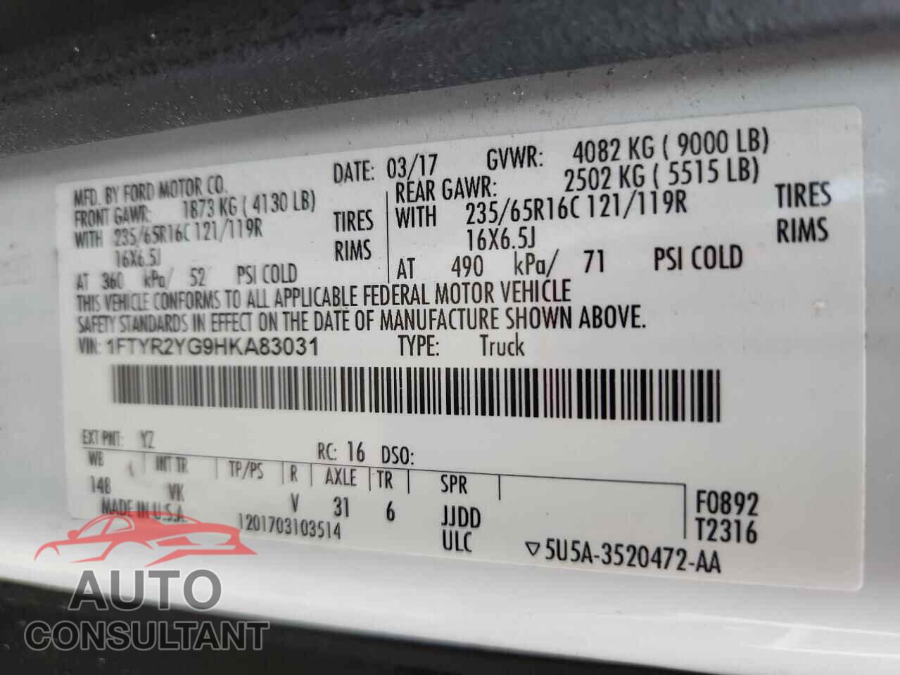 FORD TRANSIT 2017 - 1FTYR2YG9HKA83031
