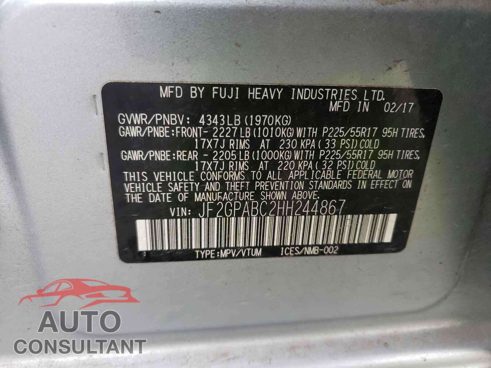 SUBARU CROSSTREK 2017 - JF2GPABC2HH244867