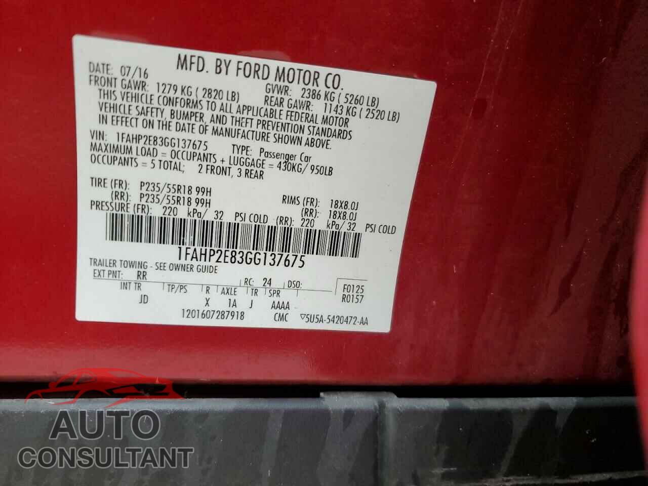 FORD TAURUS 2016 - 1FAHP2E83GG137675