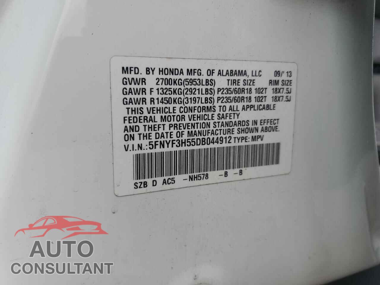 HONDA PILOT 2013 - 5FNYF3H55DB044912