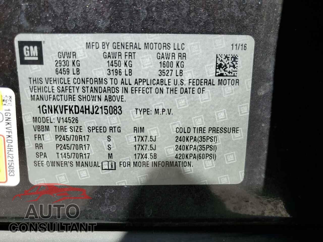 CHEVROLET TRAVERSE 2017 - 1GNKVFKD4HJ215083