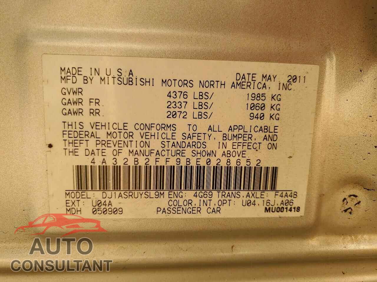 MITSUBISHI GALANT 2011 - 4A32B2FF9BE028652