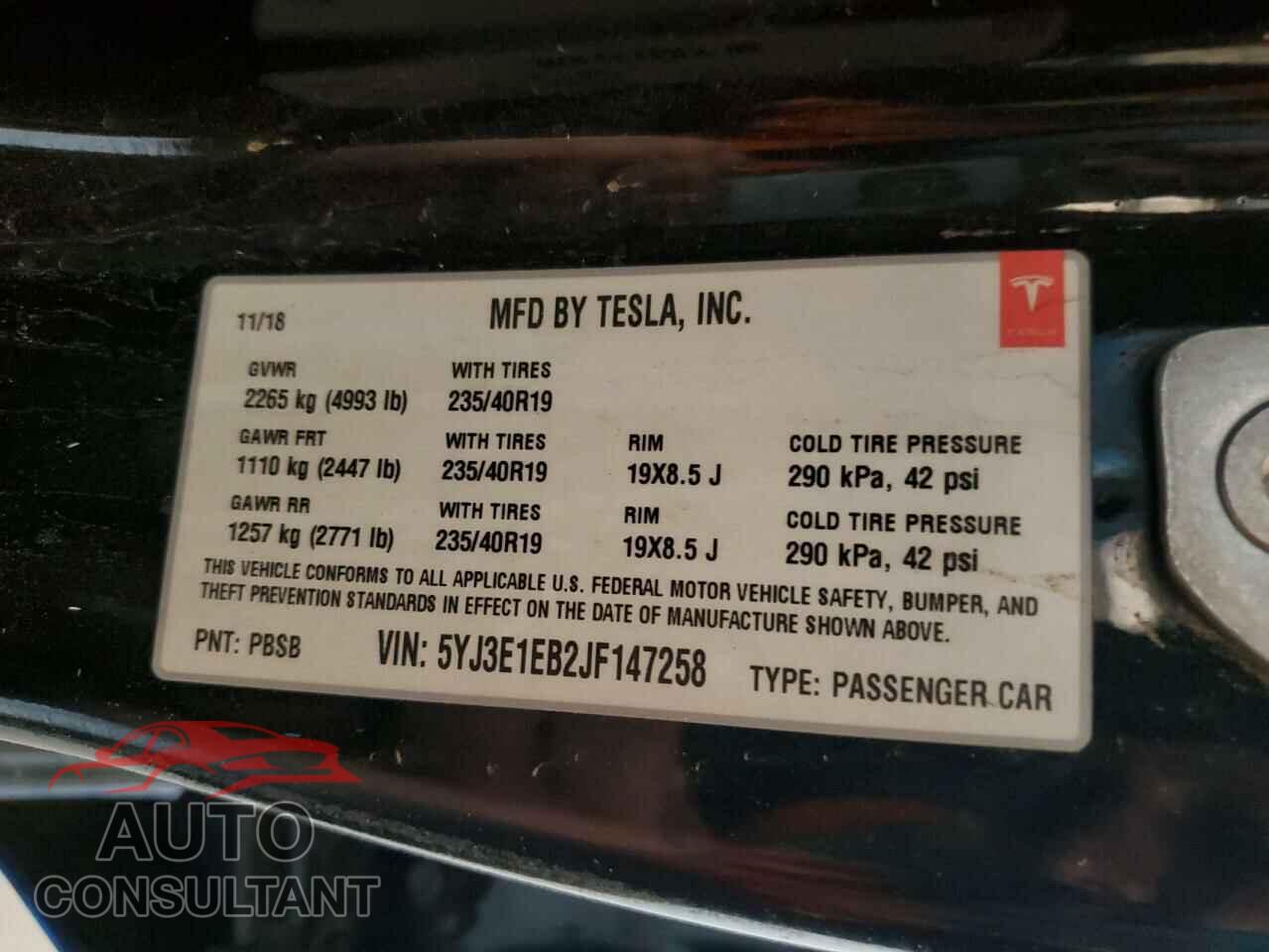 TESLA MODEL 3 2018 - 5YJ3E1EB2JF147258