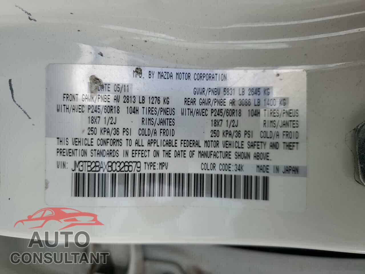 MAZDA CX-9 2011 - JM3TB2BAXB0326679