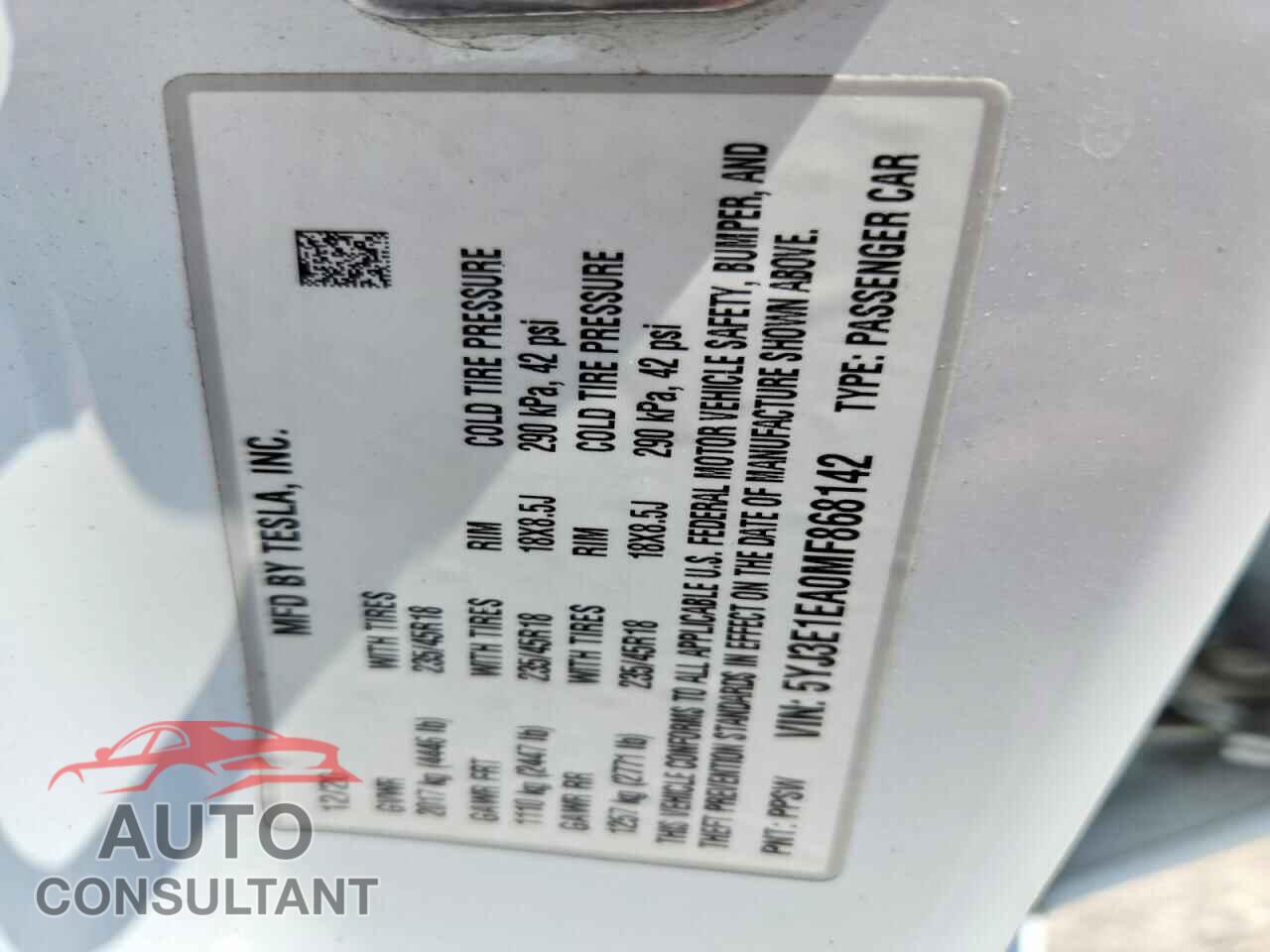 TESLA MODEL 3 2021 - 5YJ3E1EA0MF868142