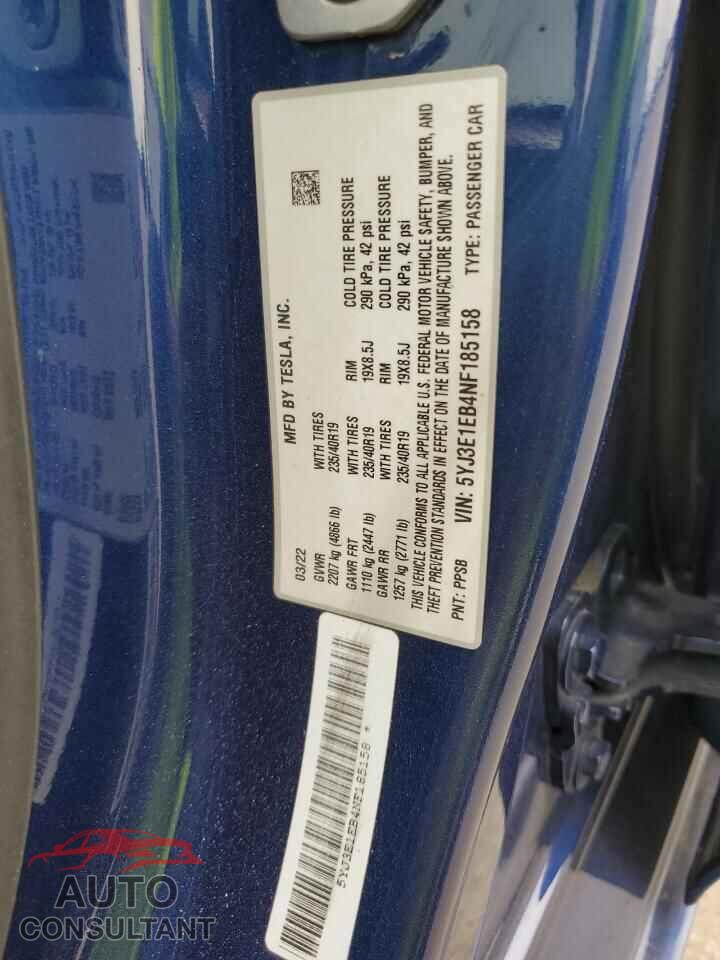 TESLA MODEL 3 2022 - 5YJ3E1EB4NF185158