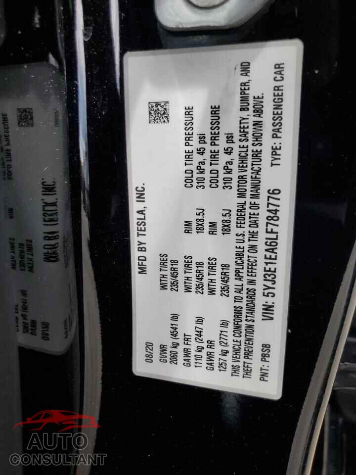 TESLA MODEL 3 2020 - 5YJ3E1EA6LF784776