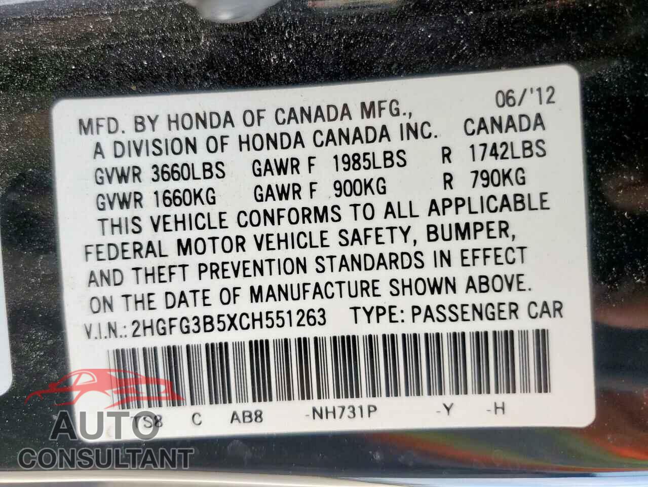 HONDA CIVIC 2012 - 2HGFG3B5XCH551263