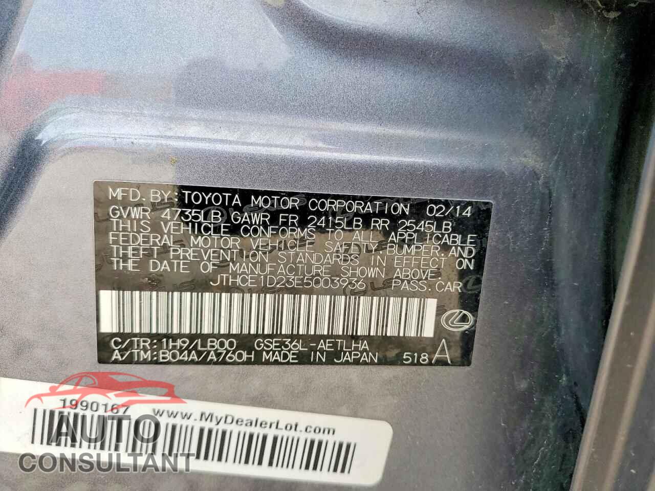 LEXUS IS 2014 - JTHCE1D23E5003936