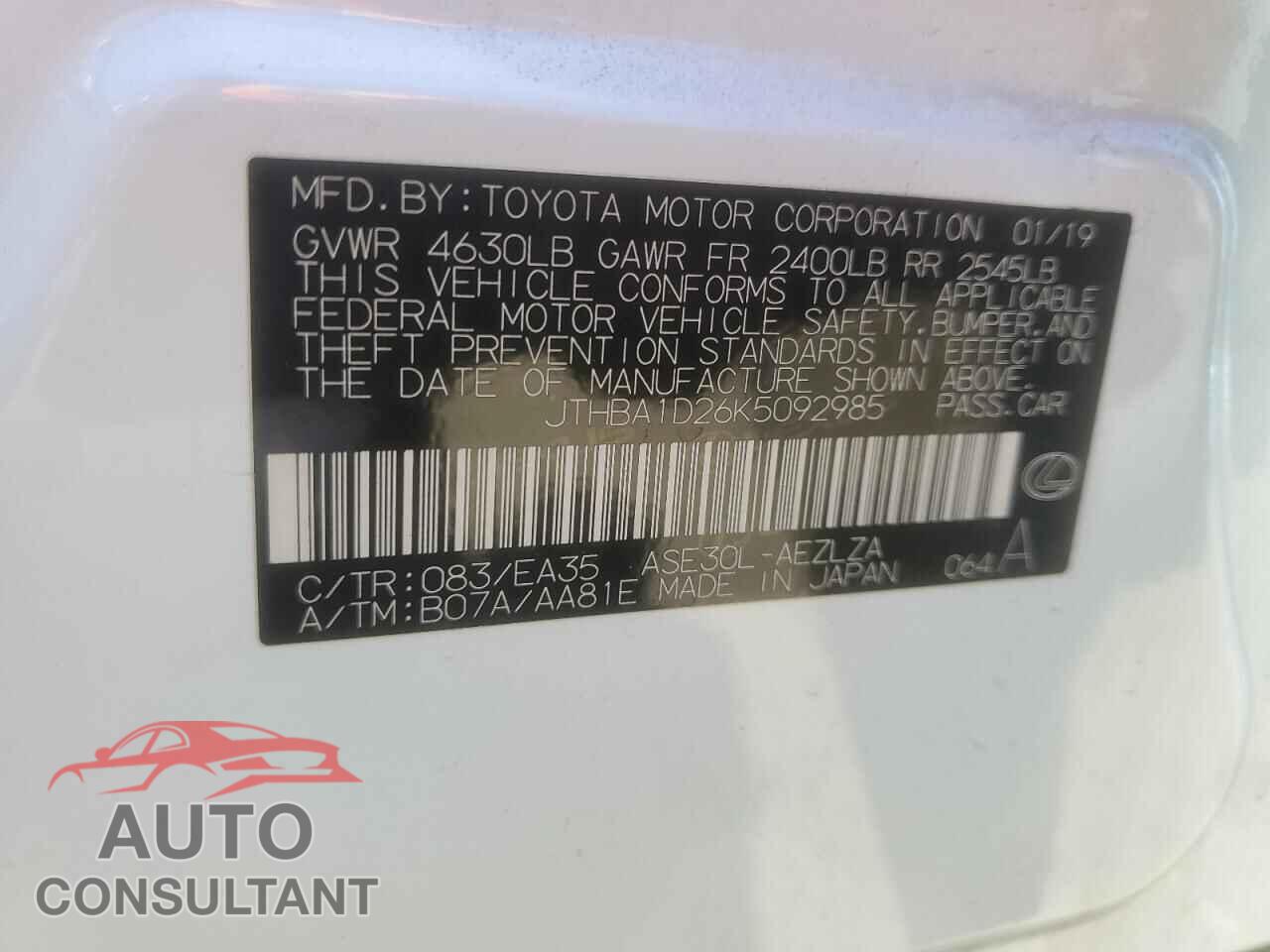 LEXUS IS 2019 - JTHBA1D26K5092985