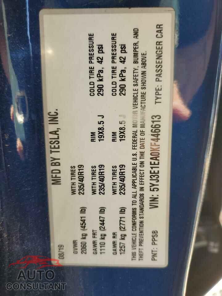TESLA MODEL 3 2019 - 5YJ3E1EA0KF446613