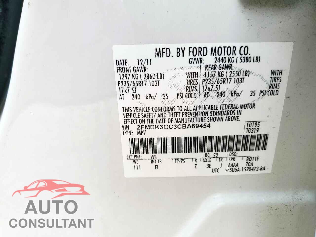 FORD EDGE 2012 - 2FMDK3GC3CBA69454