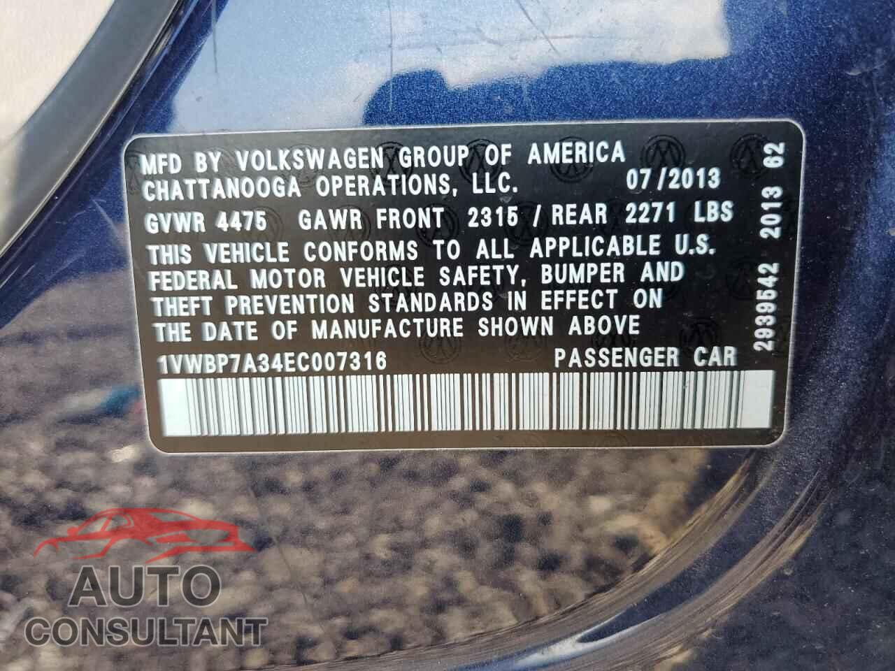 VOLKSWAGEN PASSAT 2014 - 1VWBP7A34EC007316