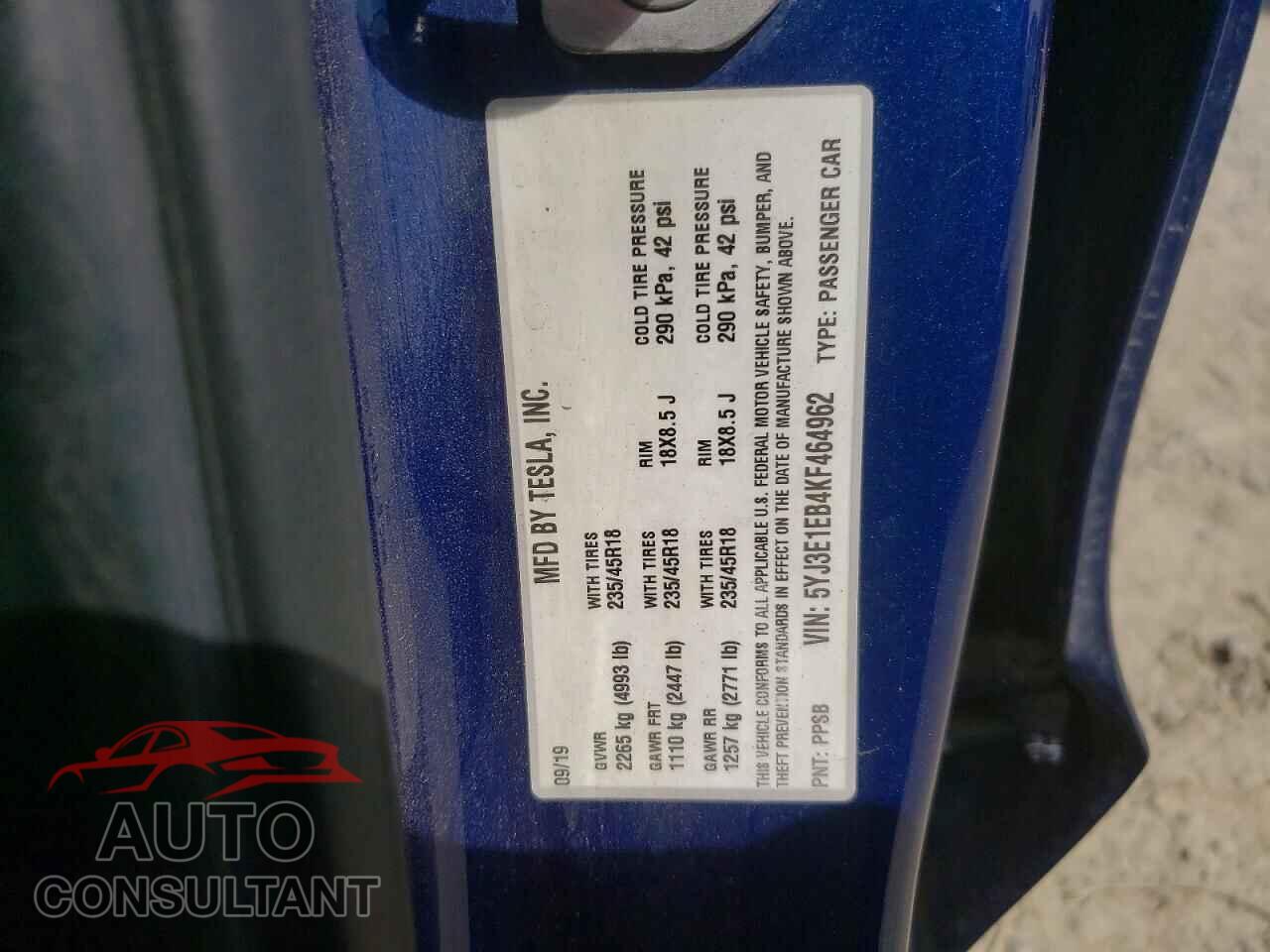 TESLA MODEL 3 2019 - 5YJ3E1EB4KF464962