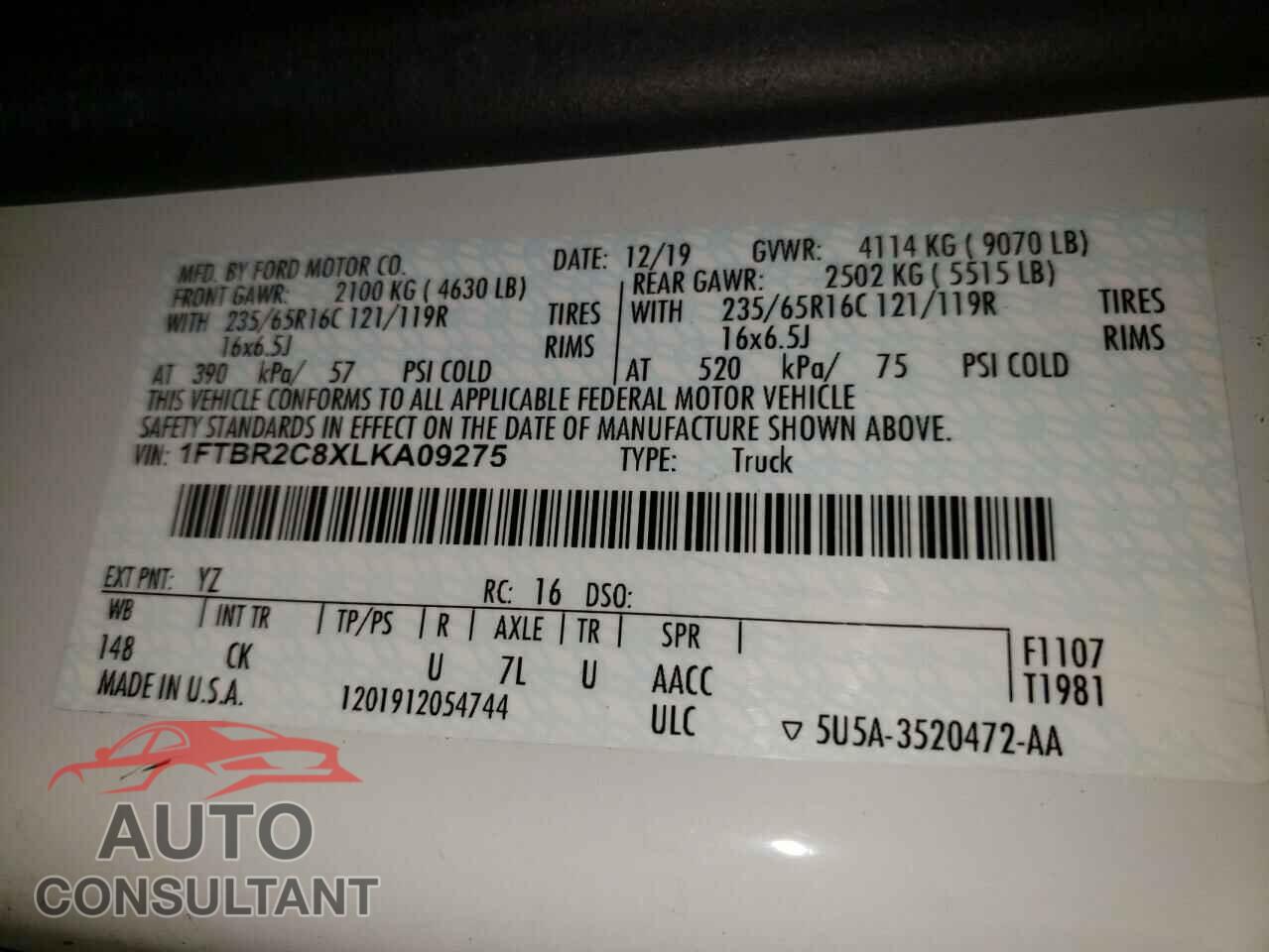 FORD TRANSIT CO 2020 - 1FTBR2C8XLKA09275