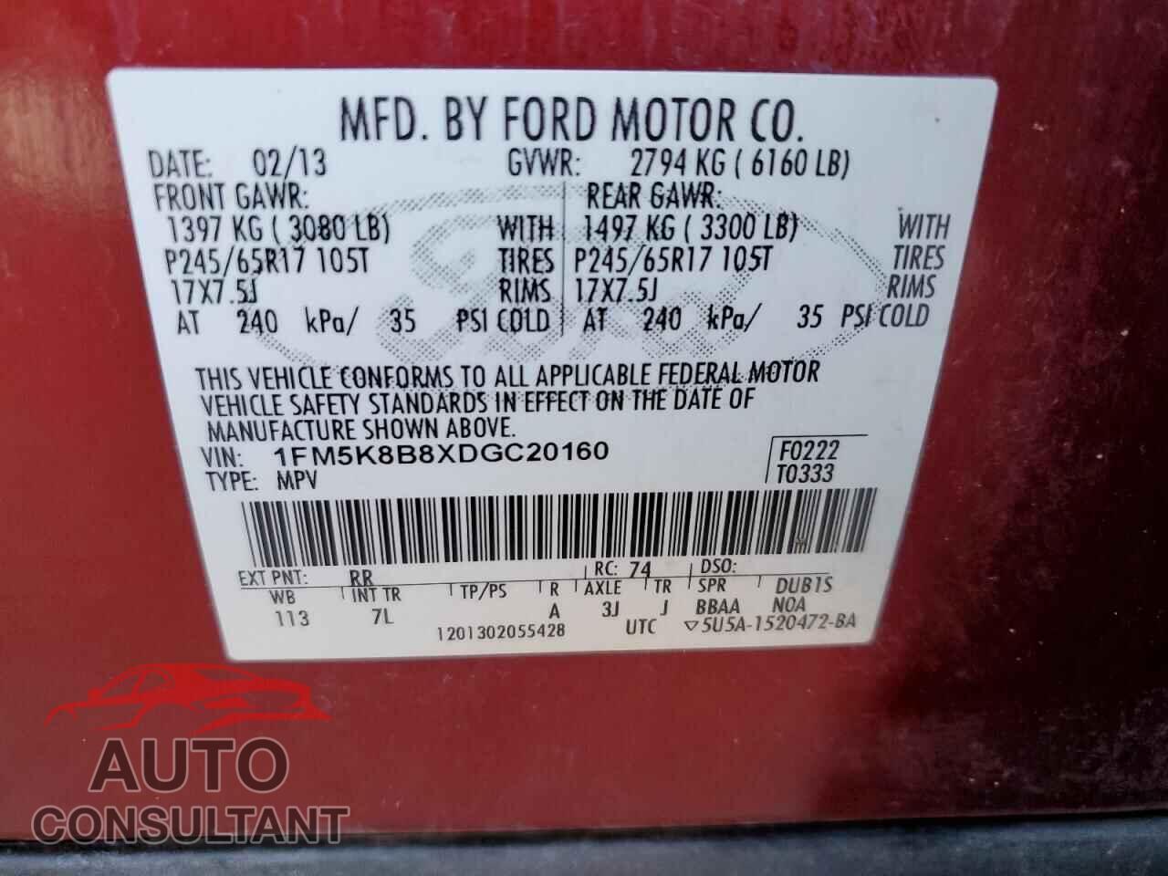 FORD EXPLORER 2013 - 1FM5K8B8XDGC20160